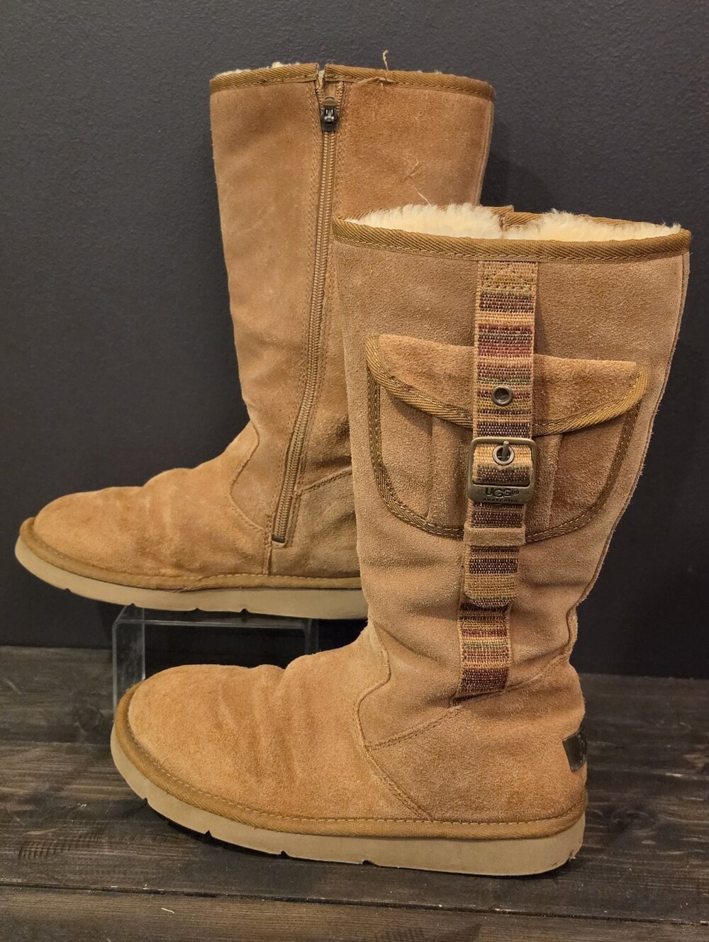 UGG Utility Cargo Pocket Boots Womens 8 Chestnut Suede Shearling Tall Zip 5479